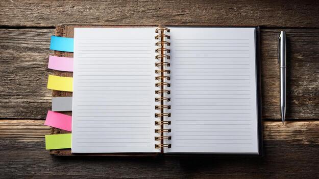 Open Spiral Notebook with Blank Lined Pages and Pen on Wooden Surface, Ideal for Mockup photo