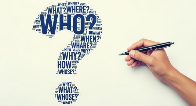 Conceptual Question Mark Made of Interrogative Words with a Hand Holding a Pen on White Background photo