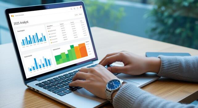 Financial Analyst Working on Laptop Displaying Business Data and Charts for Strategic Planning photo