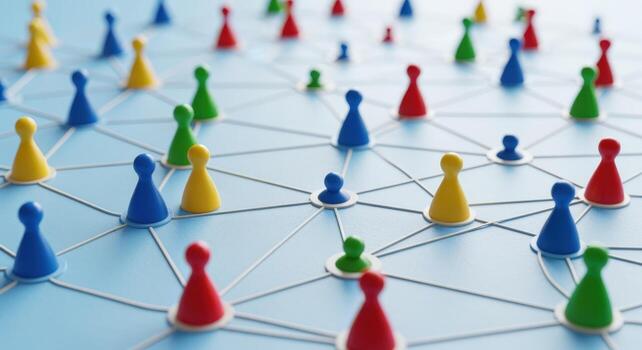 Abstract Network Representation with Colorful Figures and Interconnected Lines on a Blue Gradient Background photo