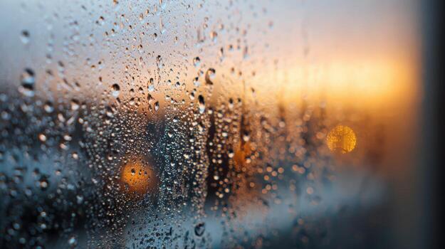 Raindrops on Glass Window at Sunset Moody Weather, Abstract Texture and Atmospheric Feel photo
