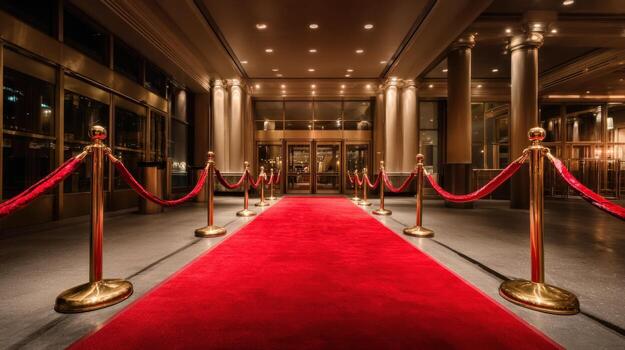 Elegant Entrance with Red Carpet and Golden Barriers, Leading into a Luxurious Event Space photo