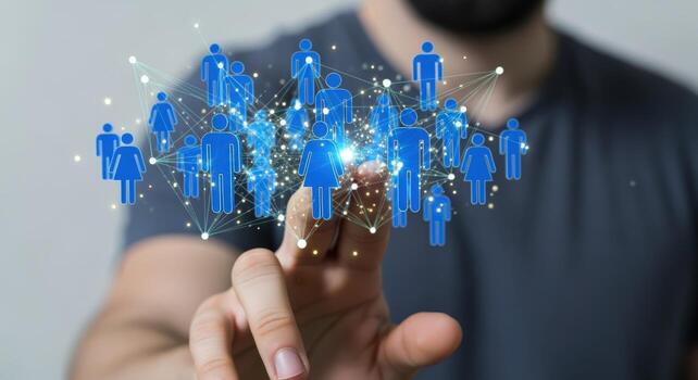 Human Resources Concept with Network of People Icons Connected by Digital Lines and Man Touching Screen photo