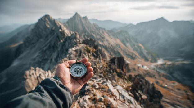 Compass Pointing the Way Across Majestic Mountain Range Travel, Exploration, and Adventure Concept photo