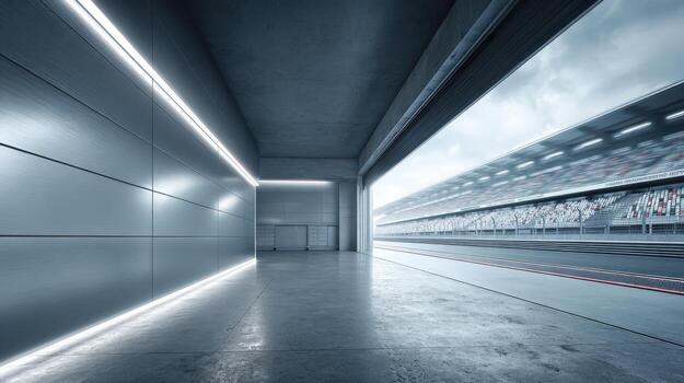 Modern Pit Lane Exit Leading to a Racetrack Grandstand, Showcasing Speed and Technological Innovation photo