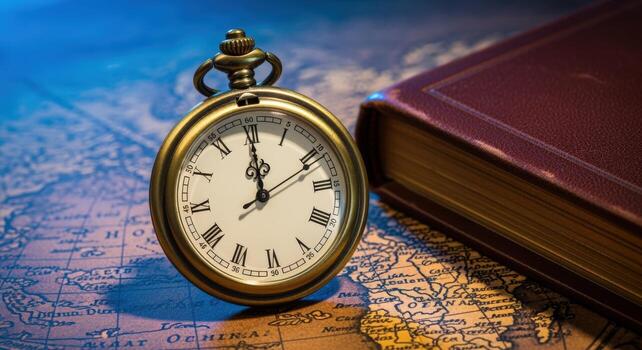 antiguo bolsillo reloj en mapa con libro, simbolizando historia, viajar, y eterno conocimiento foto