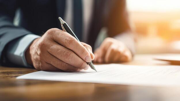 Close-up of Businessman Signing Contract with Pen on Desk, Document Signing in Office photo