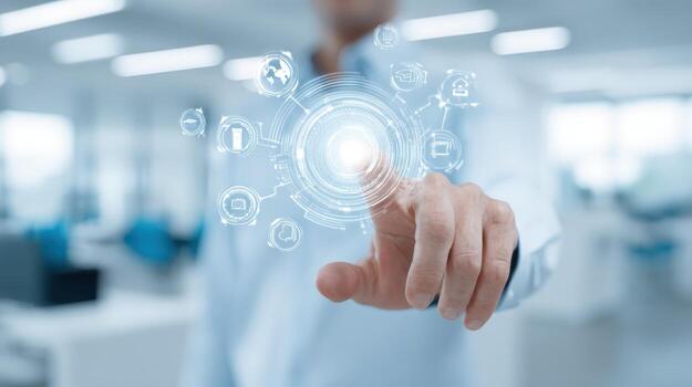 hombre interactuando con digital interfaz demostrando moderno tecnología, automatización, y conectividad en un brillante espacio de trabajo foto