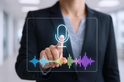 Businesswoman Activating Voice Recognition Technology on a Transparent Screen with Sound Waves photo