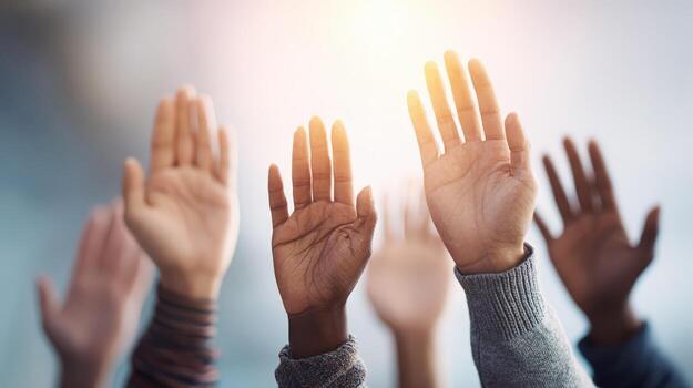 Diverse Group Hands Raised in Participation, Expressing Agreement, Seeking Assistance, Volunteering, Collaboration, Unity photo