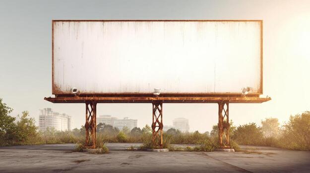 Large weathered billboard mockup against hazy sky, providing advertising space for your message and brand photo