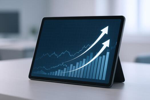 digital tableta mostrando negocio crecimiento gráfico con hacia arriba flechas, ilustrando Progreso y éxito foto