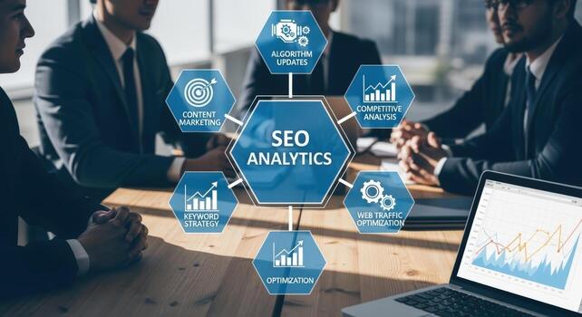 Business Team Meeting Discussing SEO Analytics and Strategy for Online Success and Enhanced Web Traffic photo