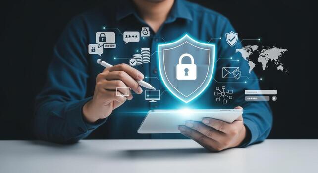 datos proteccion concepto persona utilizando tableta con digital proteger, candado, y seguridad íconos para ciber seguridad foto