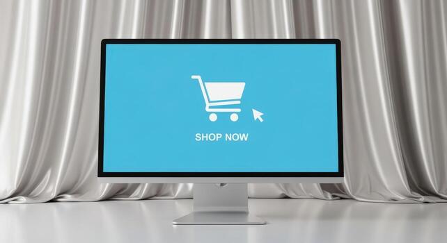 Online Shopping Concept with Computer Displaying Cart and Shop Now Call to Action photo
