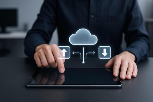Cloud Computing Technology Man Uploading and Downloading Data on a Digital Tablet Device, Connecting to Online Network photo