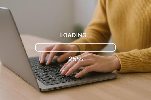 Person Using Laptop with Loading Bar Displayed On Screen for Software Update or File Transfer photo