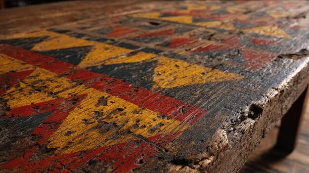 Close-up of Rustic Painted Wooden Table with Geometric Pattern, Aged Surface Showing Signs of Wear photo