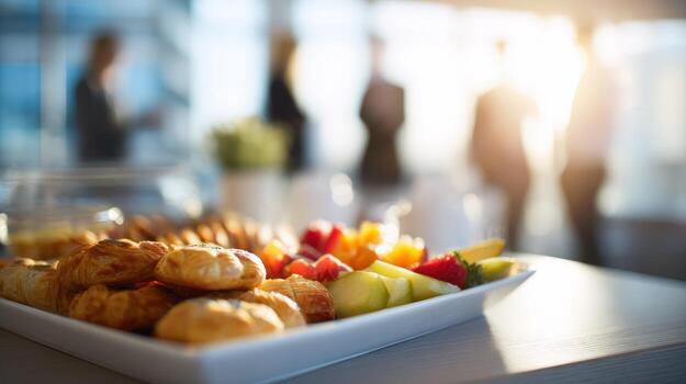Catering at Business Event Fresh Fruit and Pastries on Display for Corporate Attendees photo