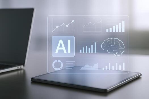 AI Technology Interface Displayed on Tablet Device, Featuring Brain Icon and Data Analytics photo
