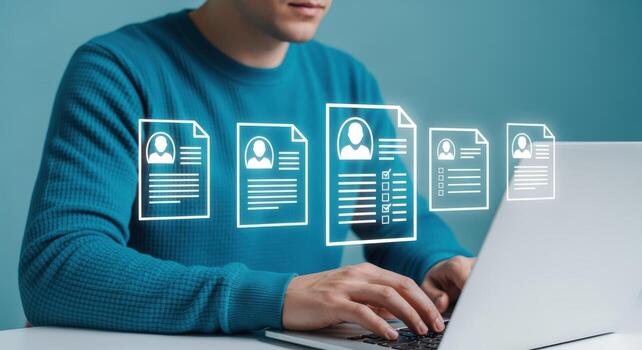 Job Application Process Man Using Laptop, Sending Resumes, Applying for Jobs Online photo