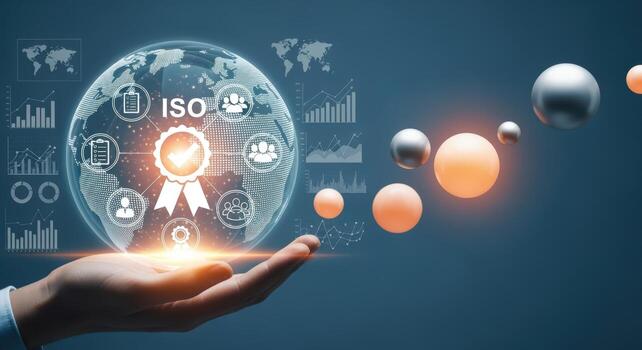 Quality Assurance and Standardization Concept with ISO Certification Shown Above Hand in Business Tech Design photo