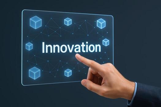 Innovation Concept with Hand Touching Digital Screen and Geometric Shapes, Representing Technology and Business Solutions photo