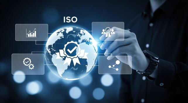 Quality Assurance Concept Businessman Demonstrating Global Standards and Certification Process through Interactive Technology in a Business Setting photo