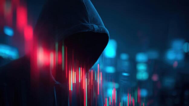 Faceless Hacker Silhouette with Financial Graph Overlay - Digital Security and Cybercrime Concept photo