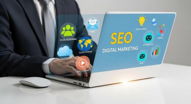 empresario trabajando en ordenador portátil mostrando digital márketing interfaz, demostrando seo mejoramiento estrategias para en línea negocio crecimiento foto