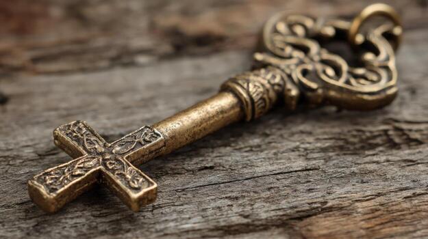 Vintage Key with Intricate Cross Design Resting on Rustic Wooden Surface, Antique Style and Detailed Craftsmanship photo