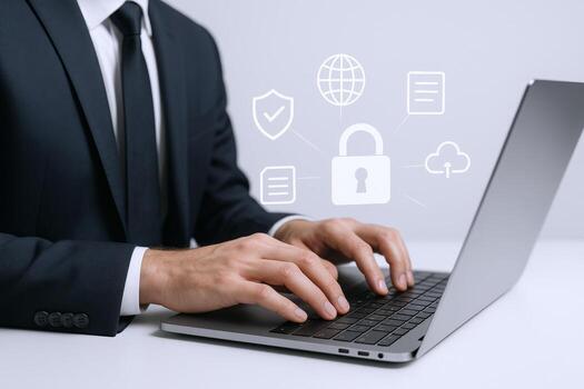 Cybersecurity Professional Typing on Laptop, Ensuring Data Protection and Privacy with Security Icons photo