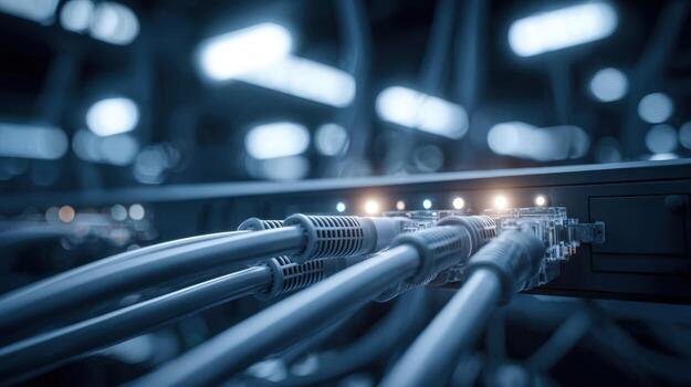 Network Cables Connected to a Switch High-Tech Data Center Infrastructure and Communication System photo