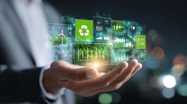 Sustainable Technology in Hand Digital Interface Representing Environmental Conservation and Green Energy Solutions for a Better Future photo