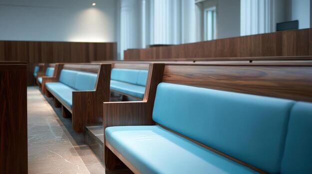 Empty Courthouse Seating with Blue Upholstery and Wooden Paneling, Creating a Sense of Justice photo