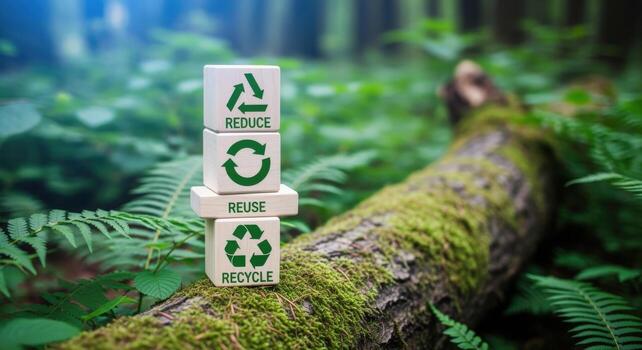 Recycle, Reduce, Reuse Concept Wooden Blocks in a Forest Setting Demonstrating Environmental Awareness and Sustainability photo
