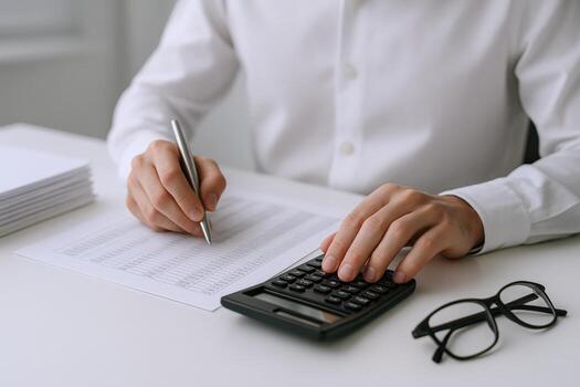 Accountant at Work Financial Document Review and Calculator Use for Budget Planning and Expense Management photo