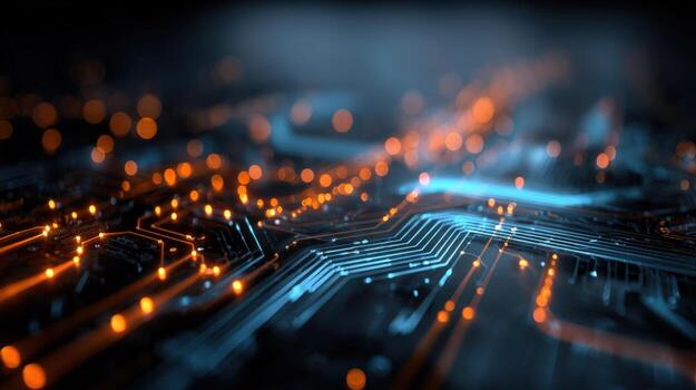 Abstract Circuit Board Design with Glowing Electronic Components for High Tech Industry and Digital Innovation photo