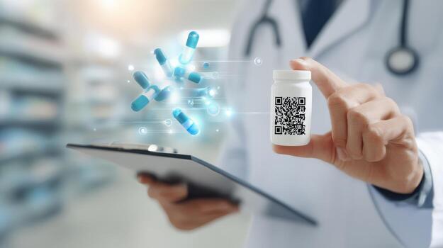 Pharmacist Holding Pill Bottle Displaying QR Code with Capsules and Clipboard in Pharmacy Setting photo