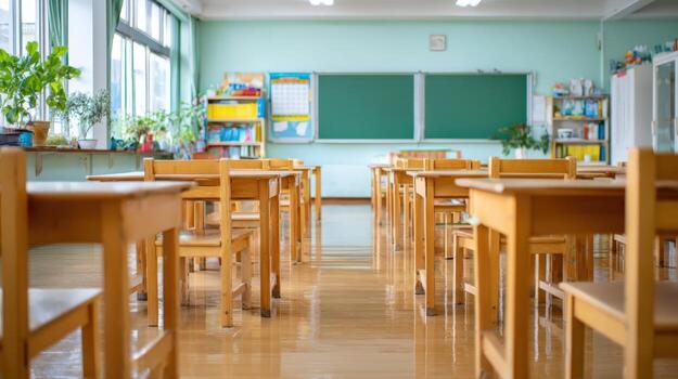 Empty Classroom with Desks and Chalkboard, Ideal for Education, Learning, and Back to School Concepts photo