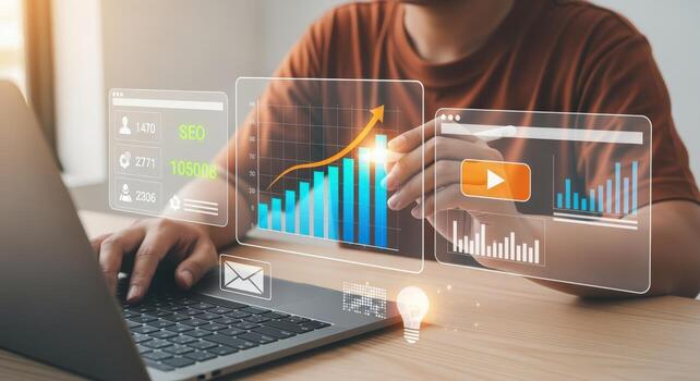 Data Analytics and Visualization Man Using Laptop with Augmented Reality Graphs and Charts photo