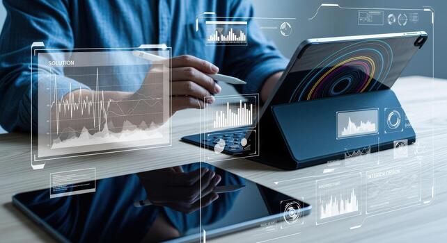 Data Analysis on Tablet Man Using Digital Devices with Information Overlays for Business Strategy photo