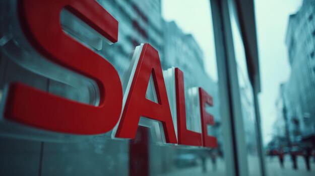 Red Sale Sign on Storefront Window Display Advertising Promotion and Discount with Urban Background photo