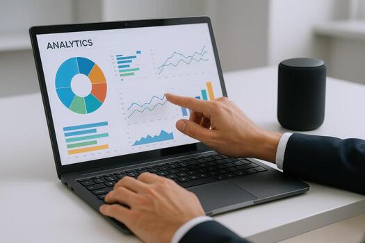Data Analytics Review on Laptop Screen Displaying Charts and Graphs, Business Intelligence Presentation photo