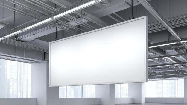 Blank White Rectangular Sign Hanging from Ceiling in Modern Office Space for Advertising Mockup photo