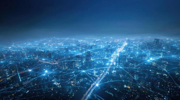 Futuristic Cityscape with Network Connections, Illustrating Global Connectivity and Digital Infrastructure in a Modern Urban Environment photo