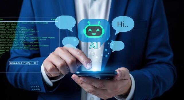 AI Chatbot Interaction on Smartphone Business Professional Engaging with Virtual Assistant for Communication photo