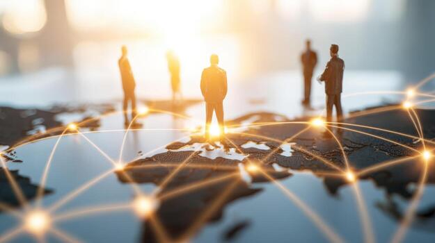 Global Business Network Miniature Figures Stand on a World Map Representing International Connections and Partnerships photo