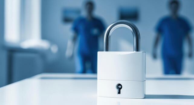 Padlock on Table with Medical Staff in Background, Concept of Health Data Security and Privacy photo