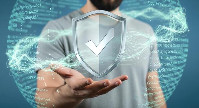 Cybersecurity Shield with Confirmation Check Floating Above Hand of Bearded Man in T-Shirt photo